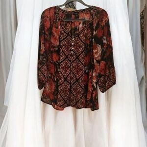 New Directions Red & Black Floral Sheer Blouse Button Neckline Size L